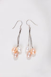 3 pearls mixed colours long drop silver earrings