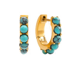 Gold hoop earrings with turquoise stones on a white background