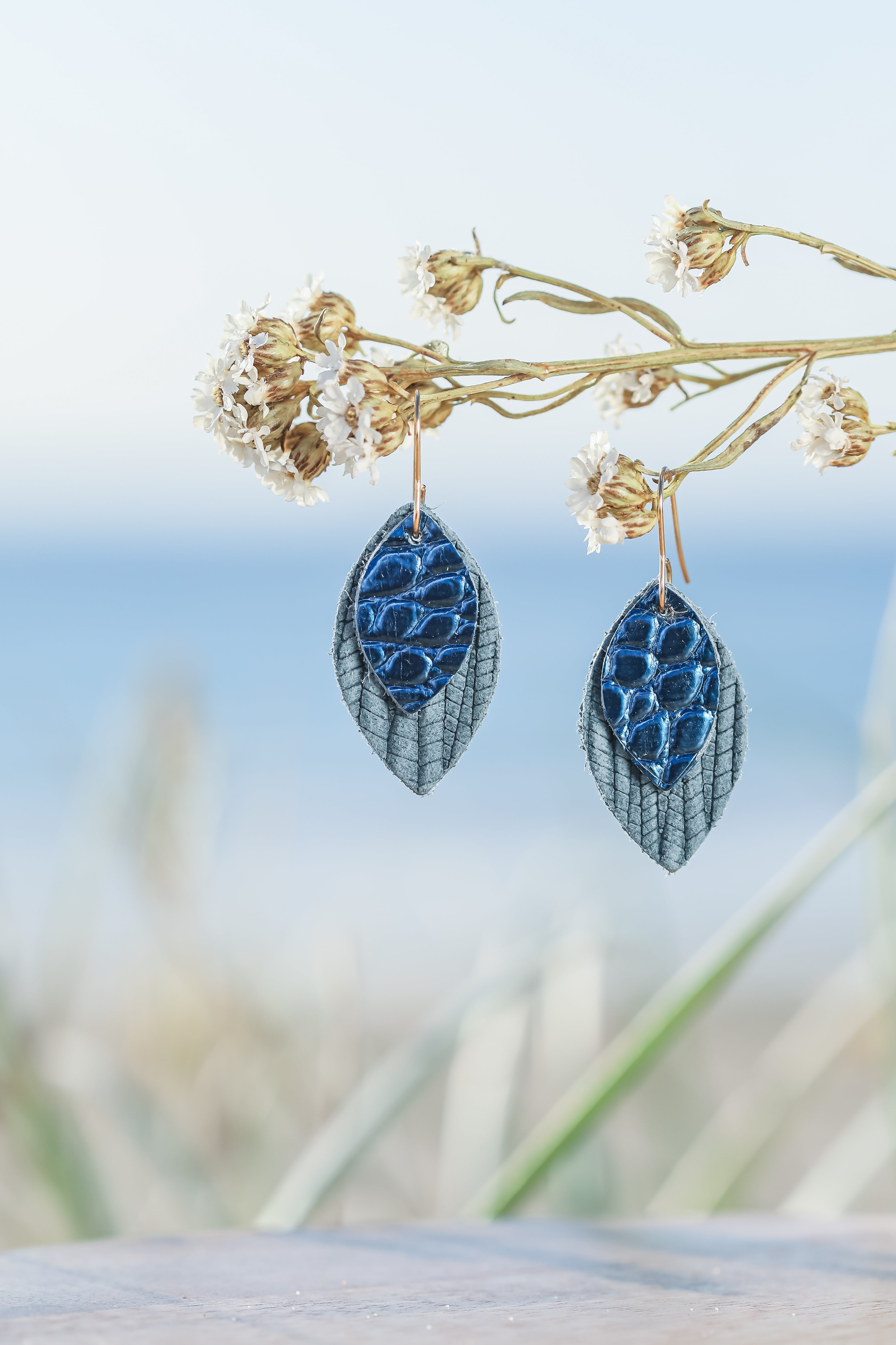 Embossed Blue N Metallic Lether Drop earrings