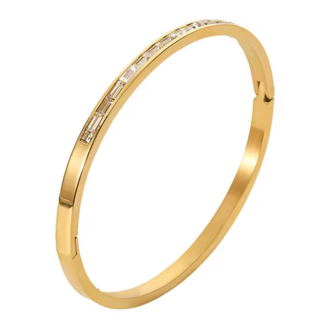 Gold bracelet with embedded stones on a white background