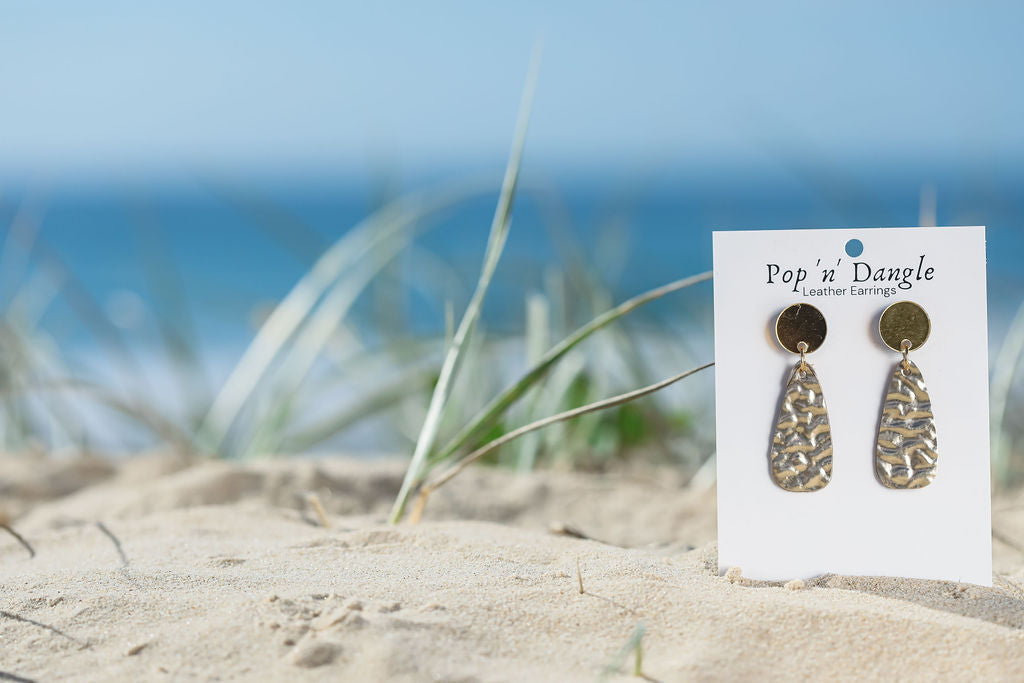 Gold Hammered Luxe Drops Leather Earrings