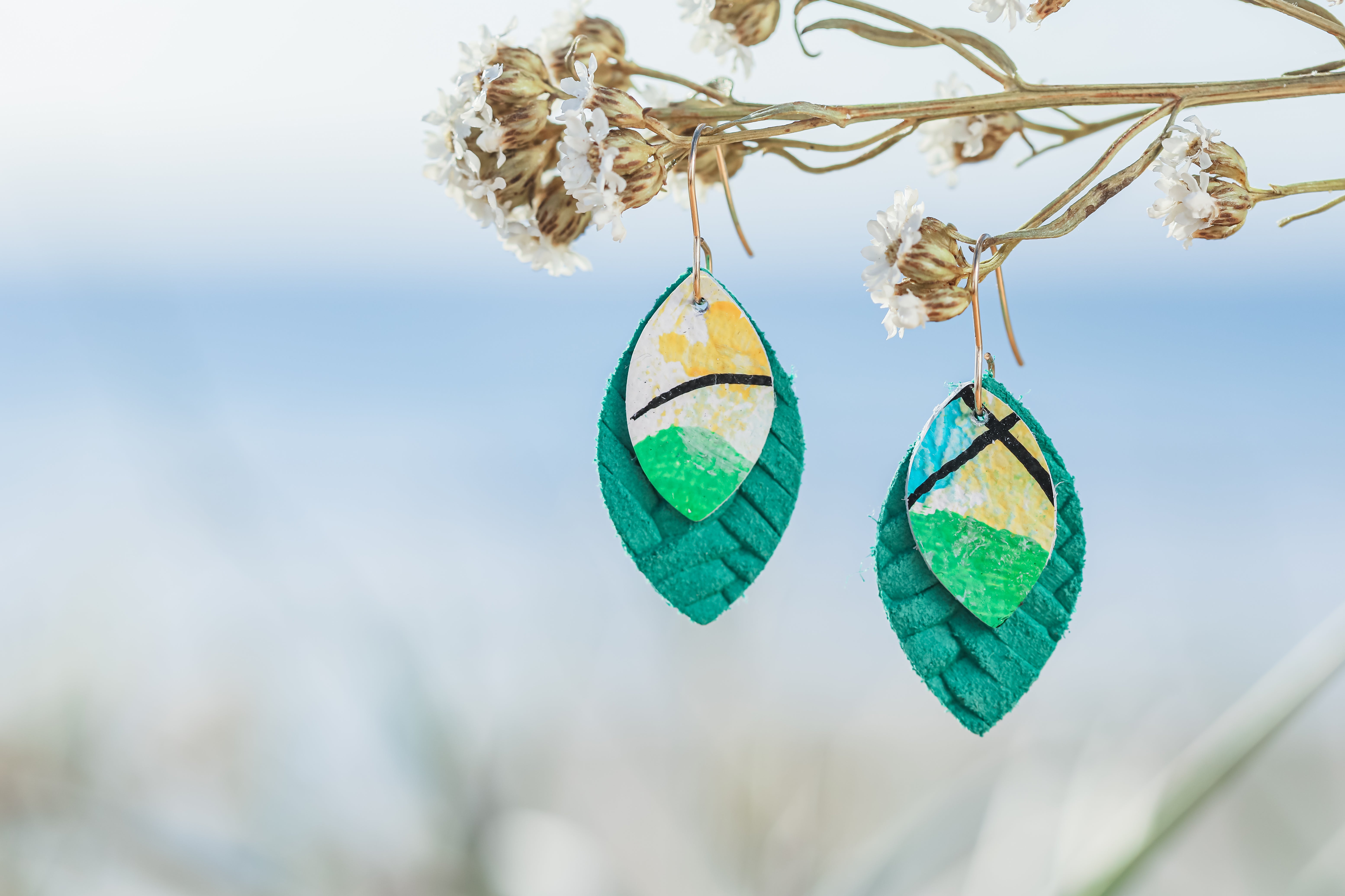 Hand painted jade drop leather earrings