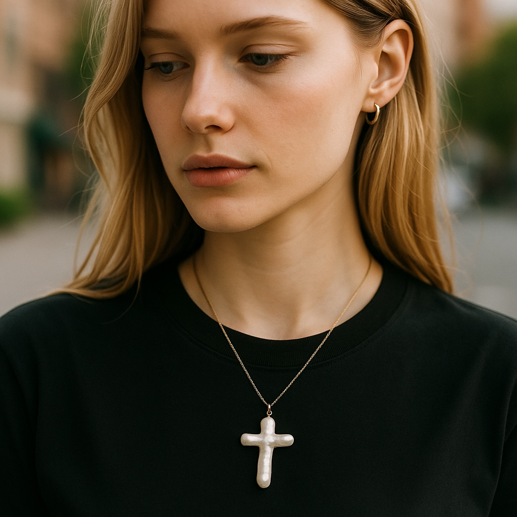 Woman wearing a black shirt and pearl cross necklace with blurred background