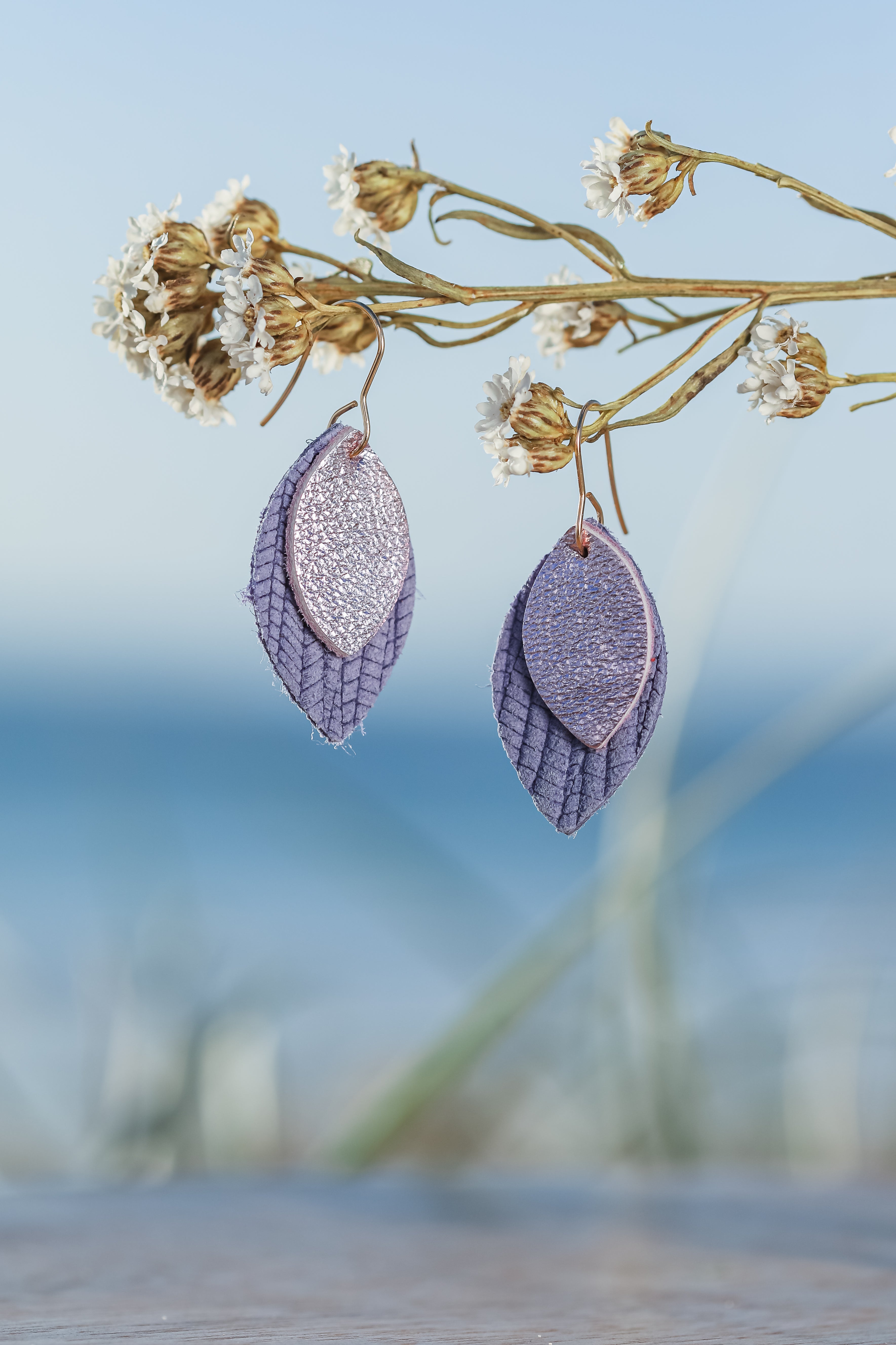 lavender embossed leather earrings