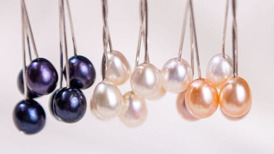 Set of pearls in various colors hanging against a light background
