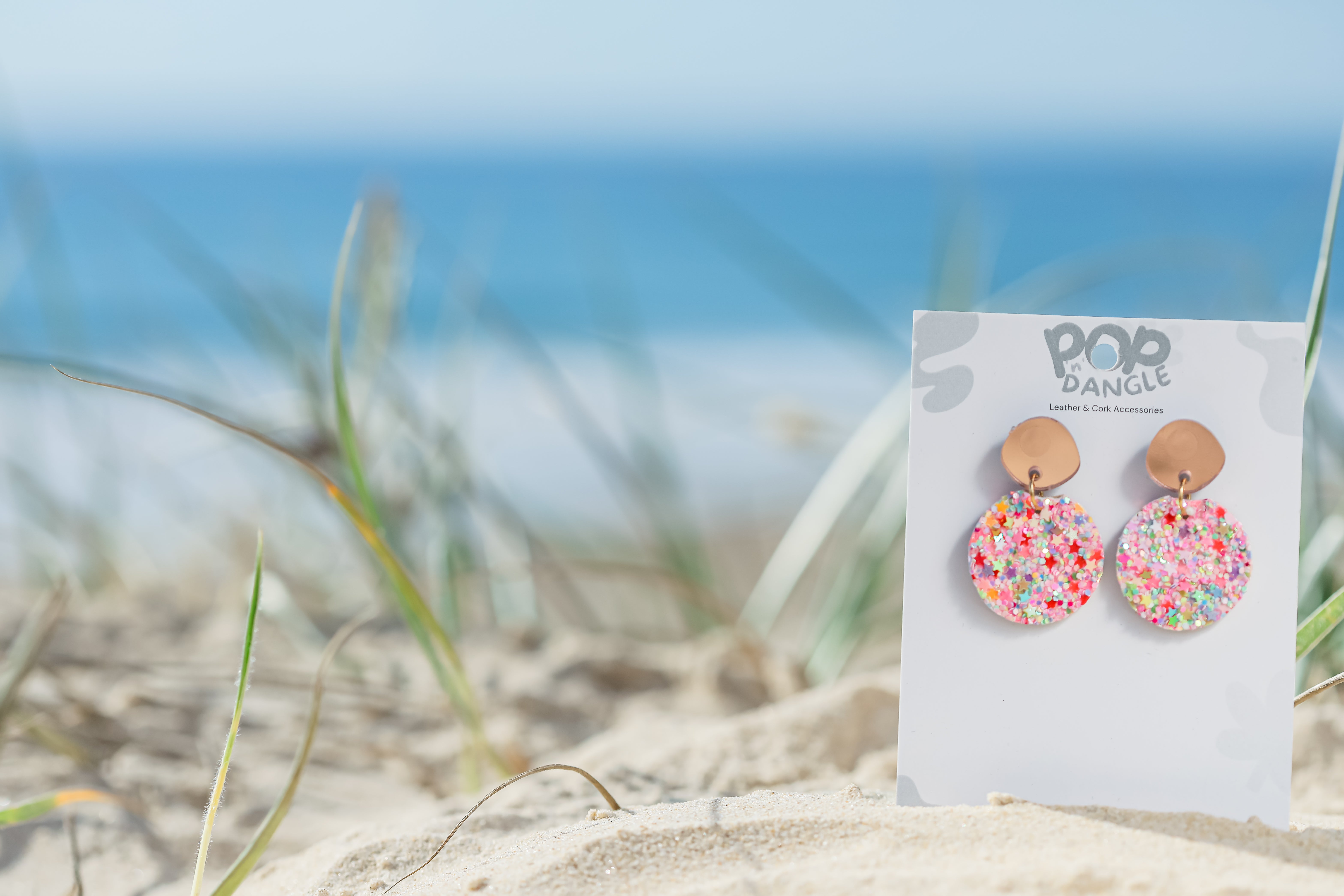 Pink Glitter Orbit Drops Leather Earrings