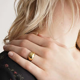 Close-up of a hand wearing a gold ring with a blurred background