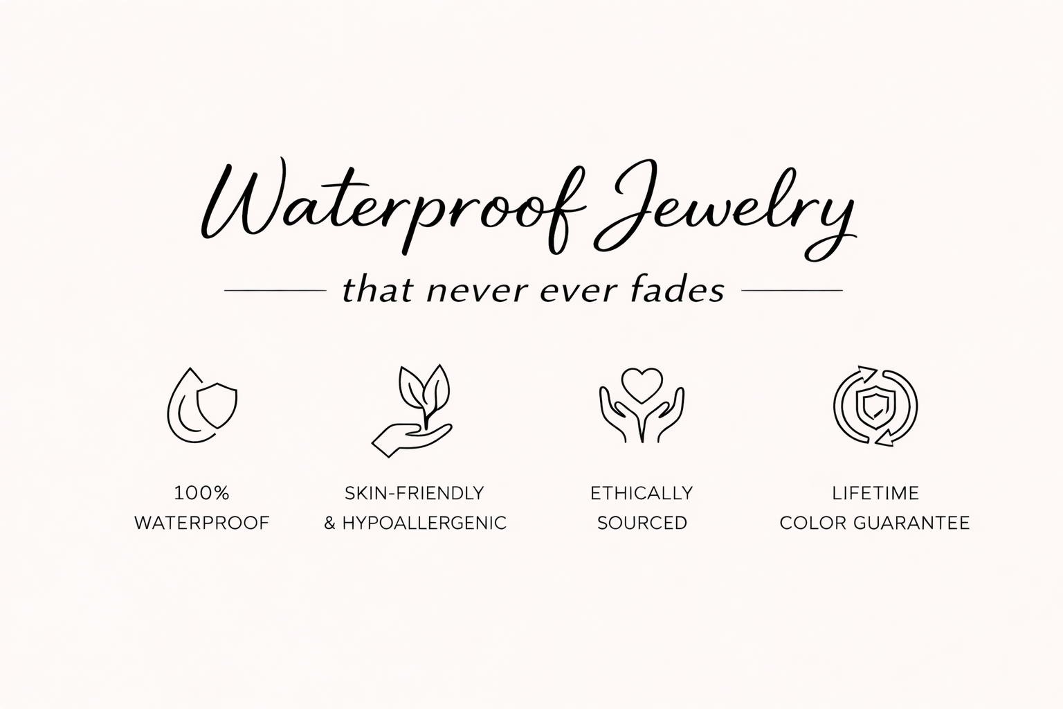 Promotional graphic for waterproof jewelry with icons and text on a white background