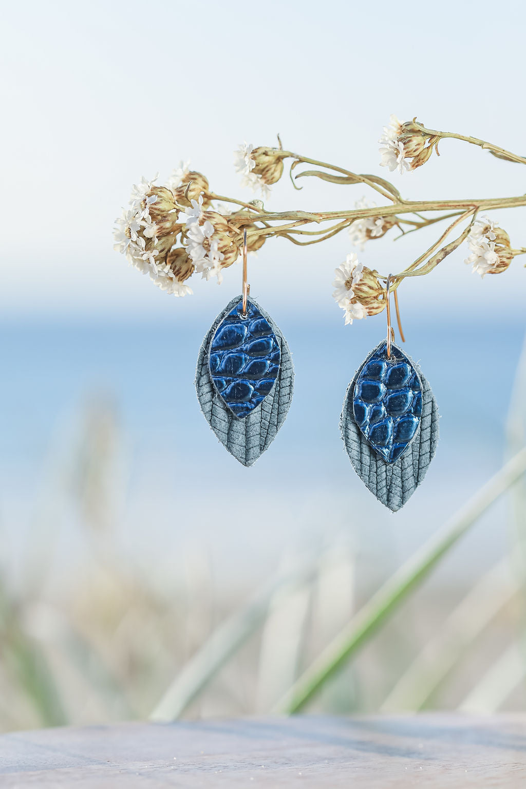 Blue Metallic drop Leather Earrings