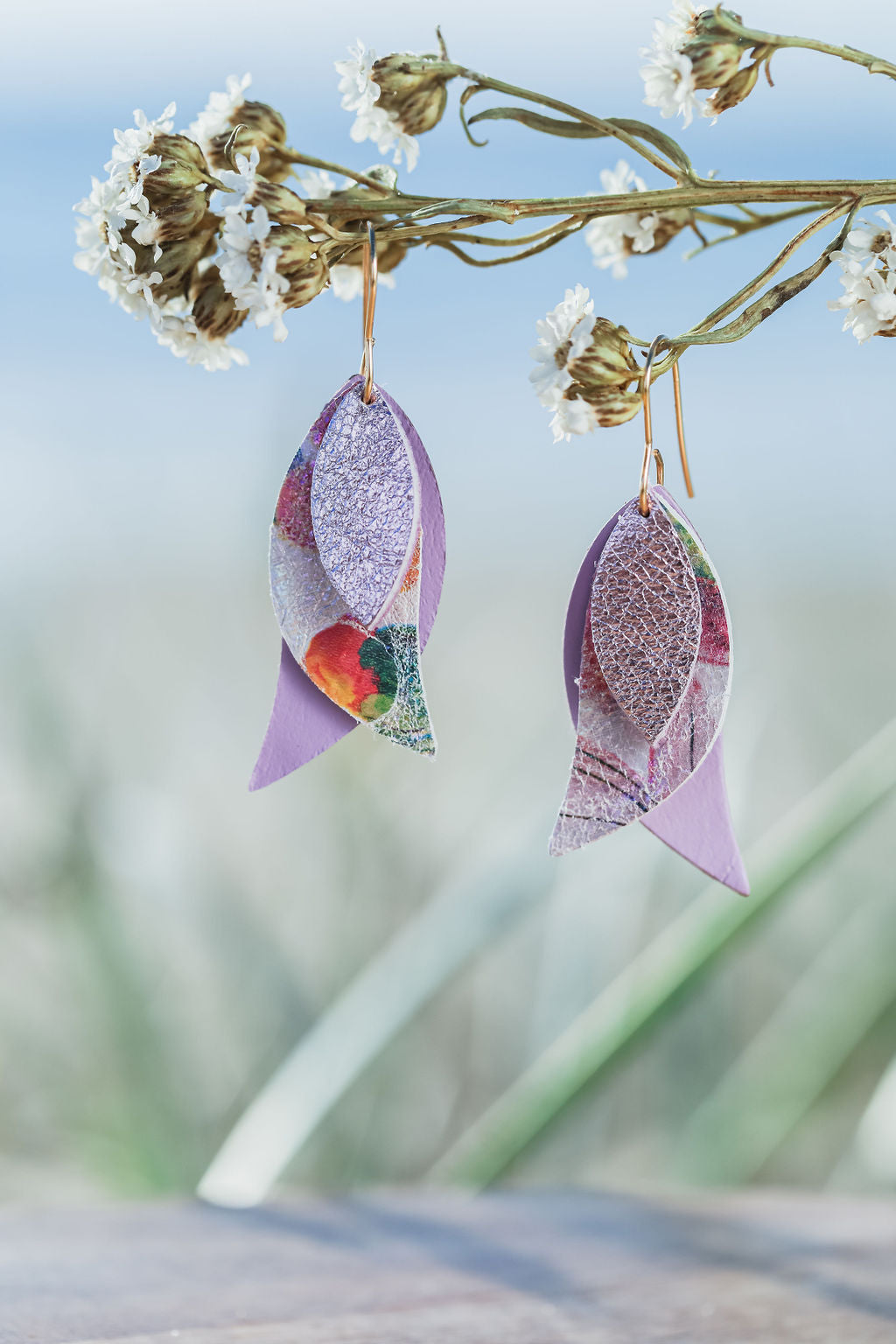 Lavender and floral triple leaf drop earrings
