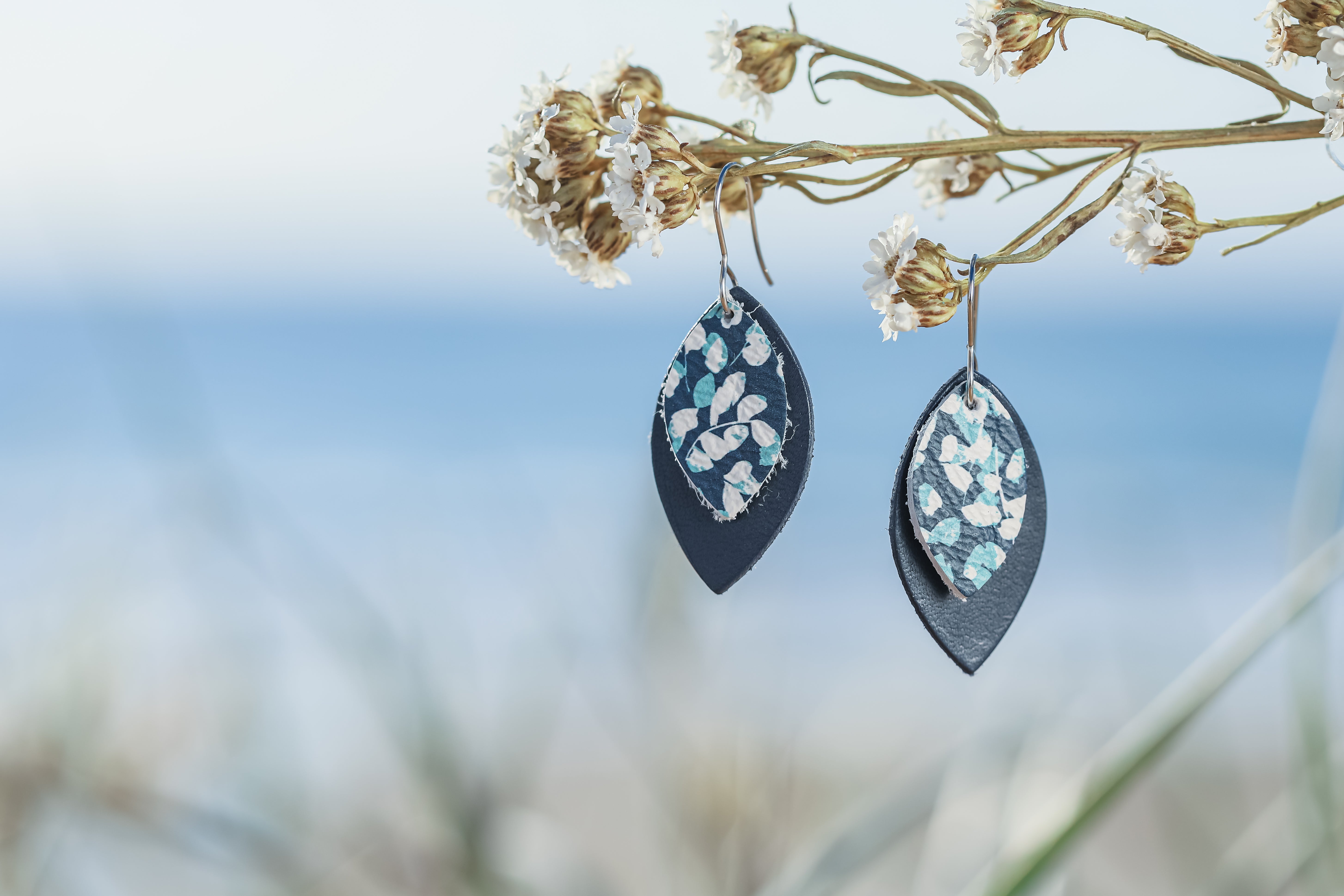 Navy and floral lether earrings