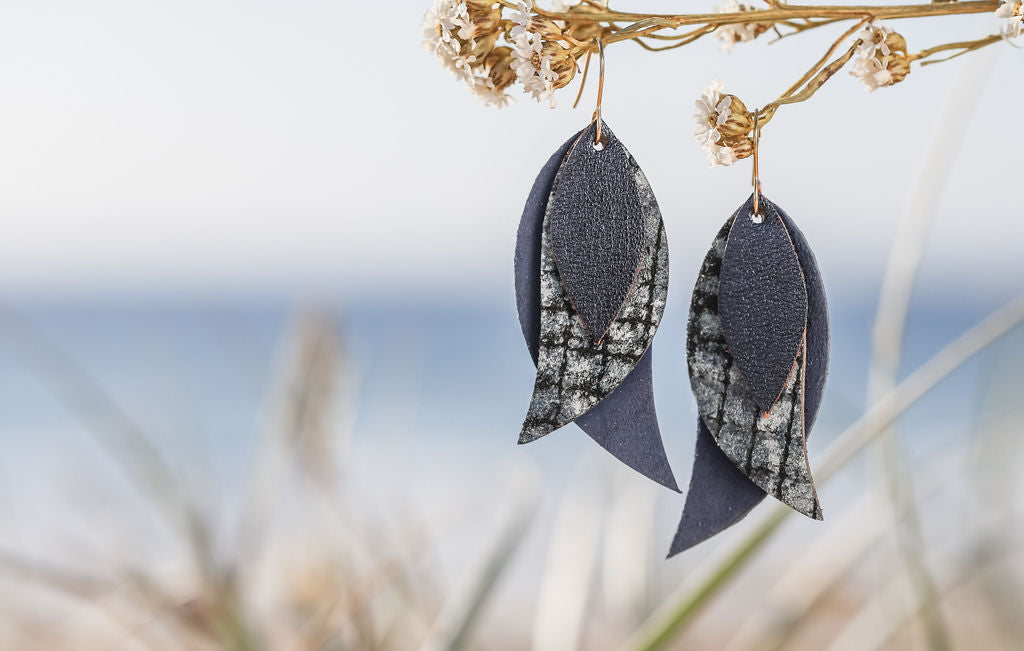 navy tripple leaf drop earrings
