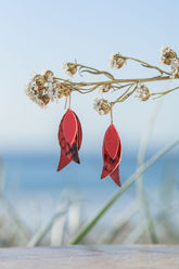 mini red triple leaf drop earrings