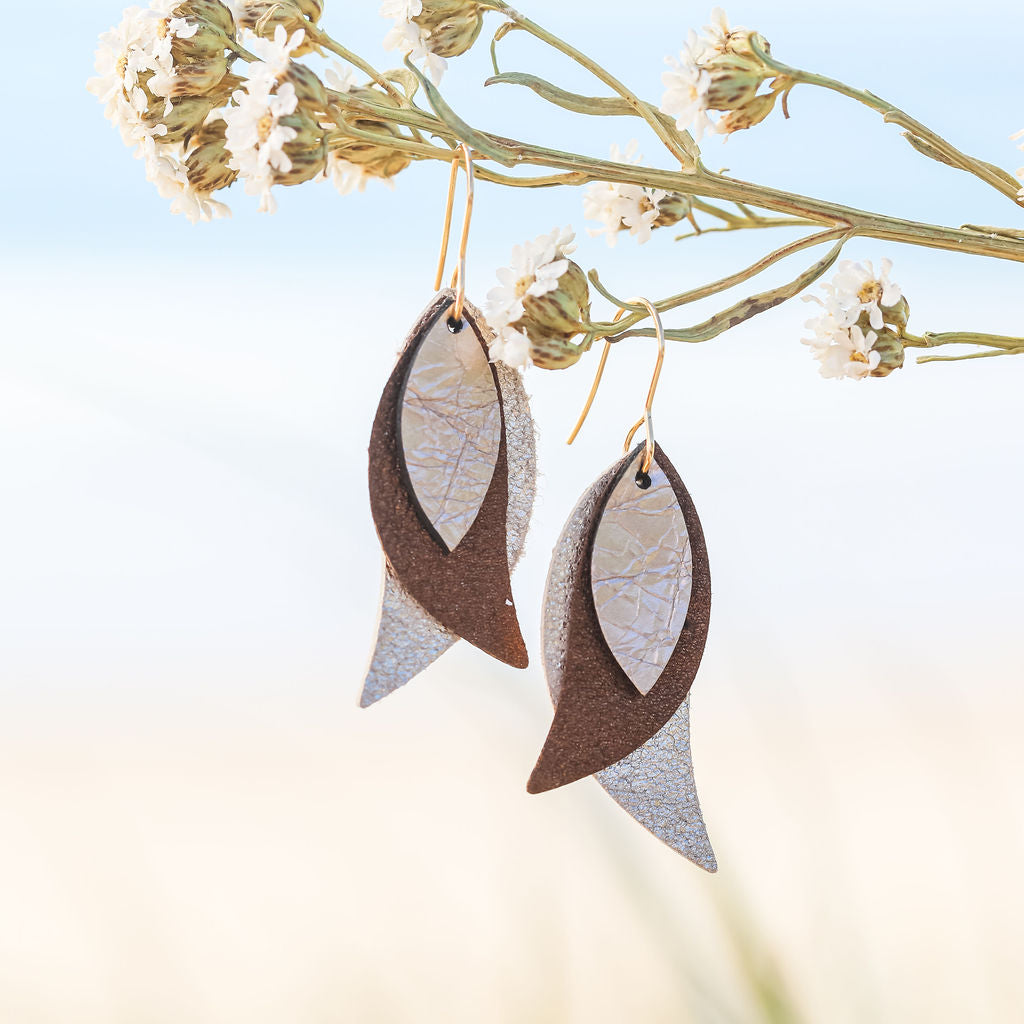 Silver and Bronze Triple Leaf Drop Earrings