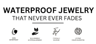 Advertisement for waterproof jewelry with icons and text on a white background