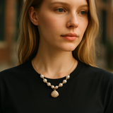 Woman wearing a pearl necklace with a blurred background
