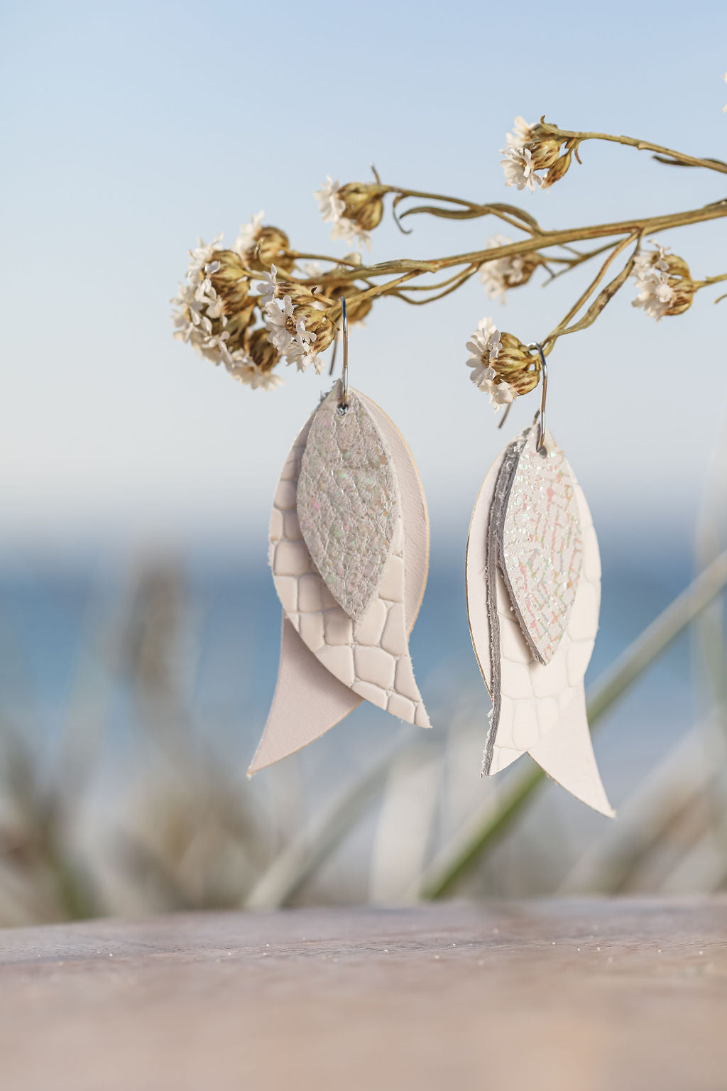 White n Silver Triple Leaf Drop Earrings