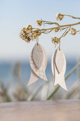 White n Silver Triple Leaf Drop Earrings