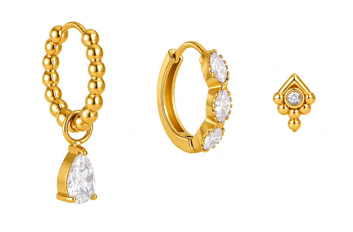 Crystal Trio Earring Set – Gold