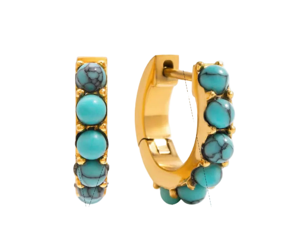Gold hoop earrings with turquoise stones on a white background