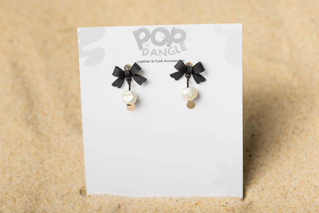 Black Bow Pearl Drop Earrngs 