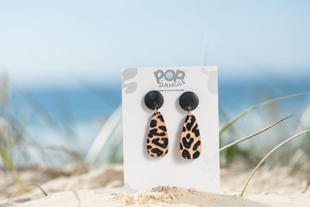 Black Leopard  Luxe Drops Leather Earrings 