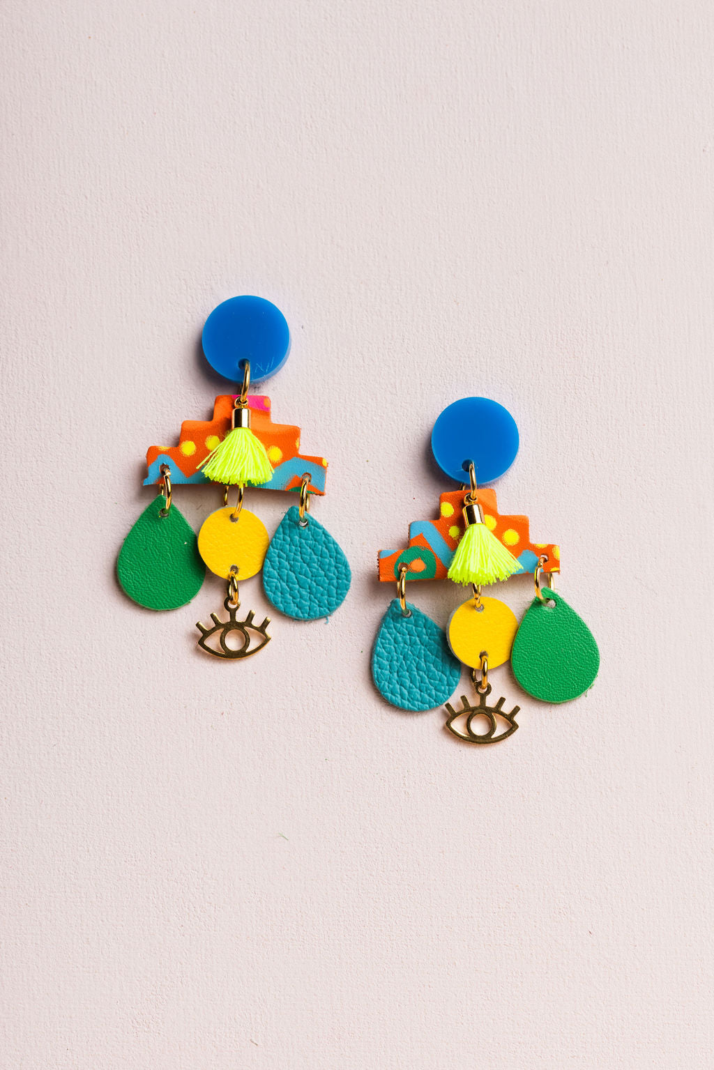 Blue Axtec Drops Leather Earrings 
