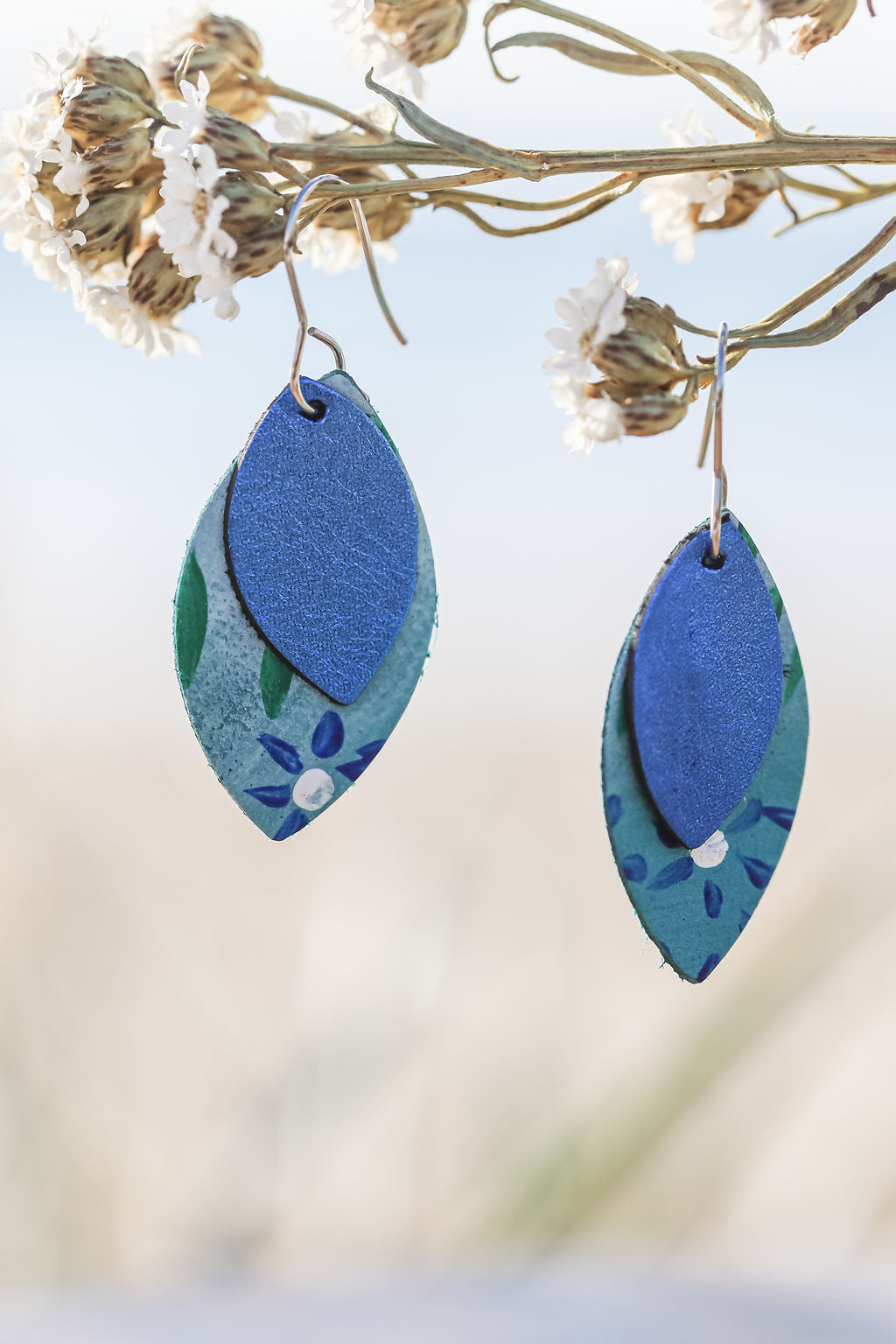 Handpainted Blue Metallic kangaroo leather earrings 