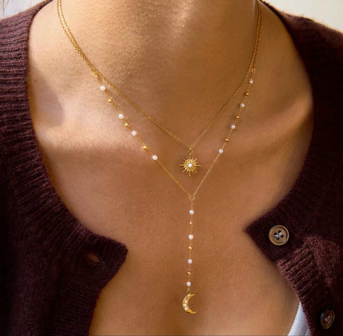 Celestial Pearl & Moon Y Necklace
