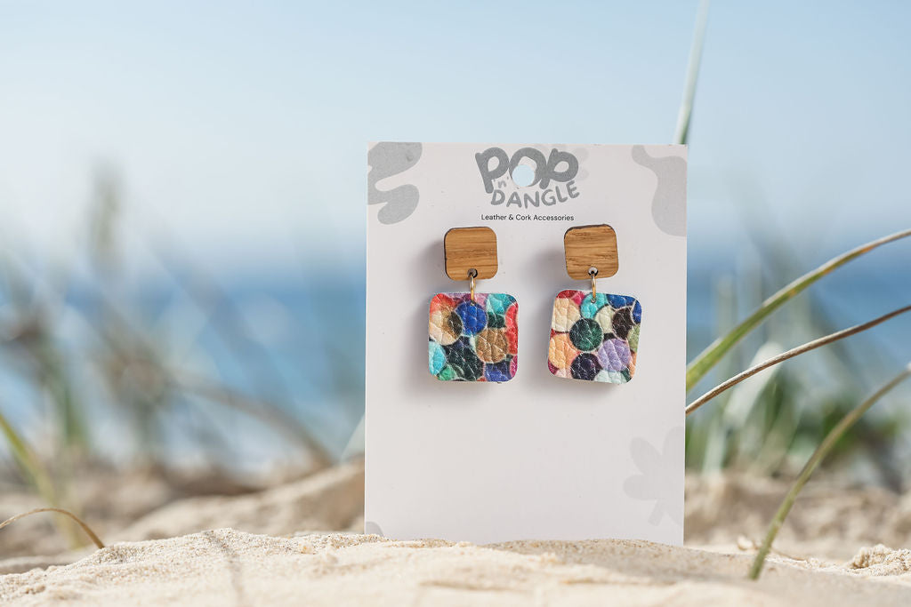 Colourfull Circles Chic Square leather earrings 
