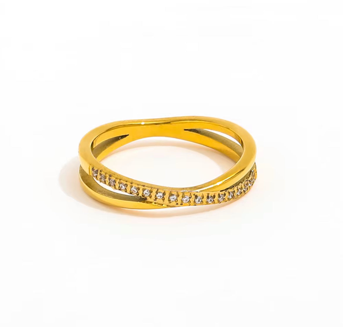 Gold ring with small diamonds on a white background