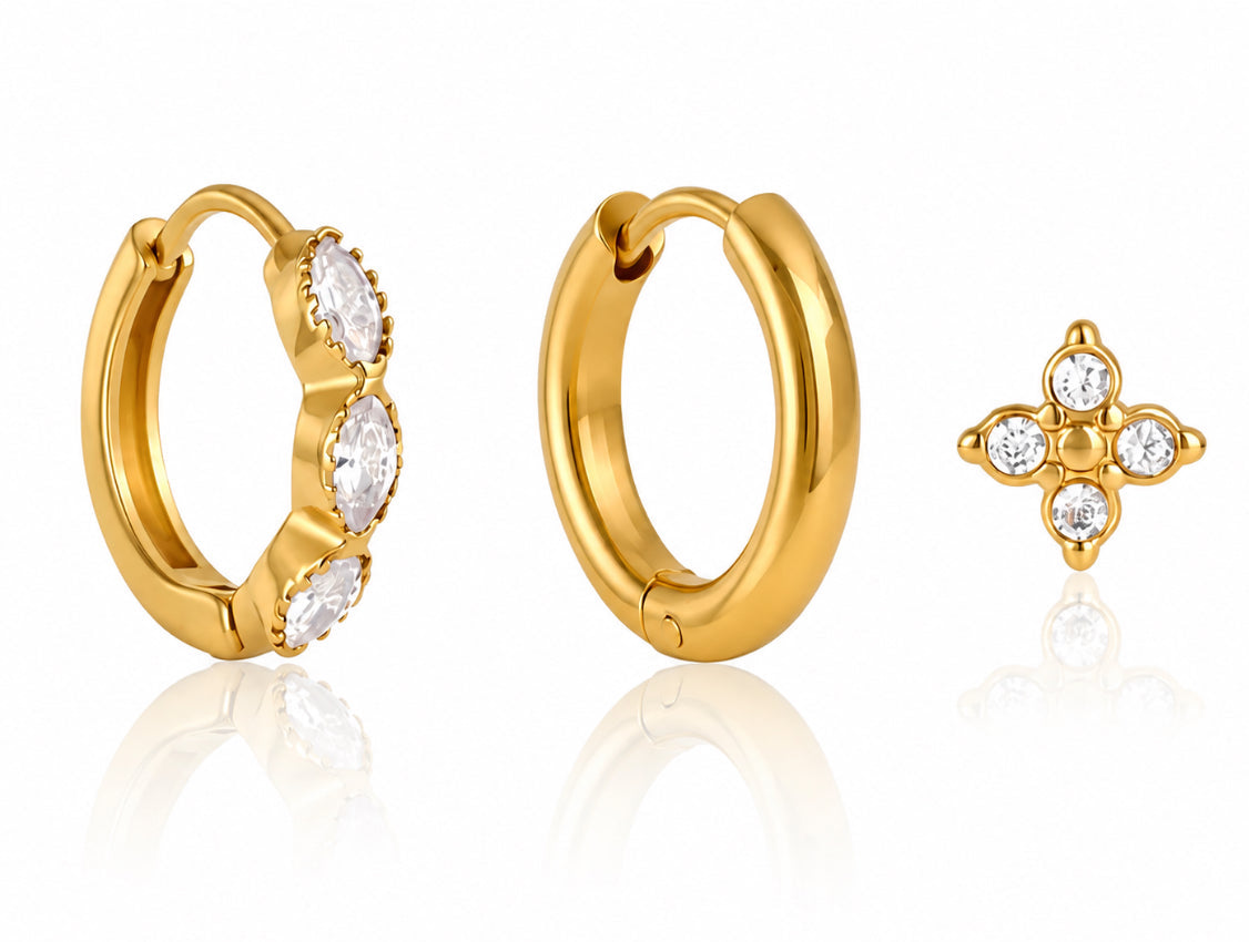 Golden Sparkle Trio – 3 Piece Earring Set in