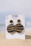 Gold sparkling tiger stripe round leather earrings 