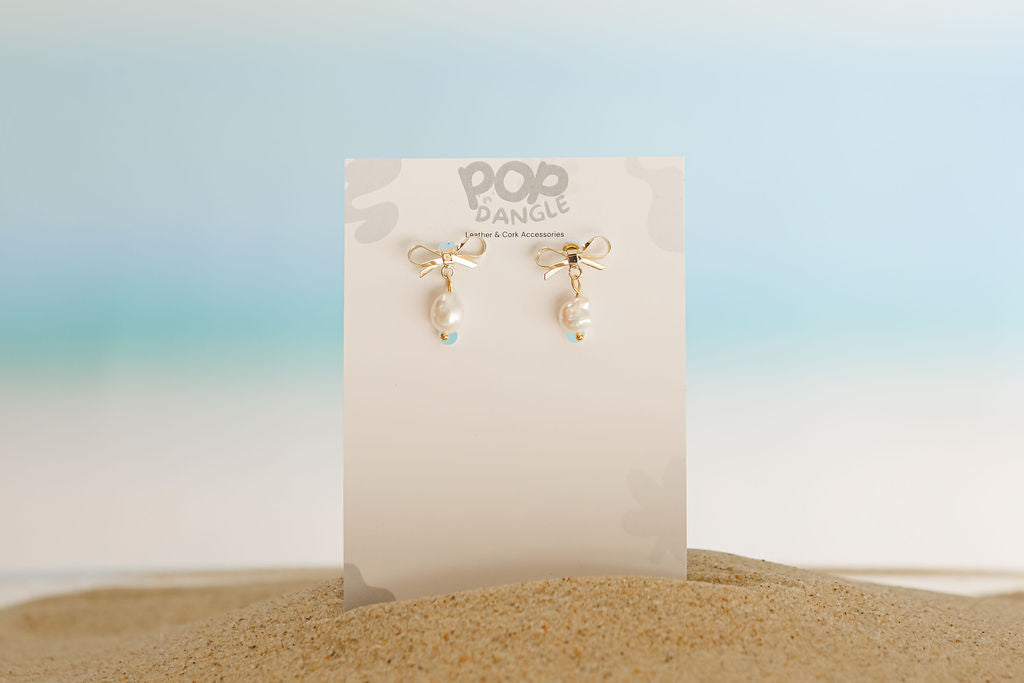 Gold Bow Pearl Drop Earrings 