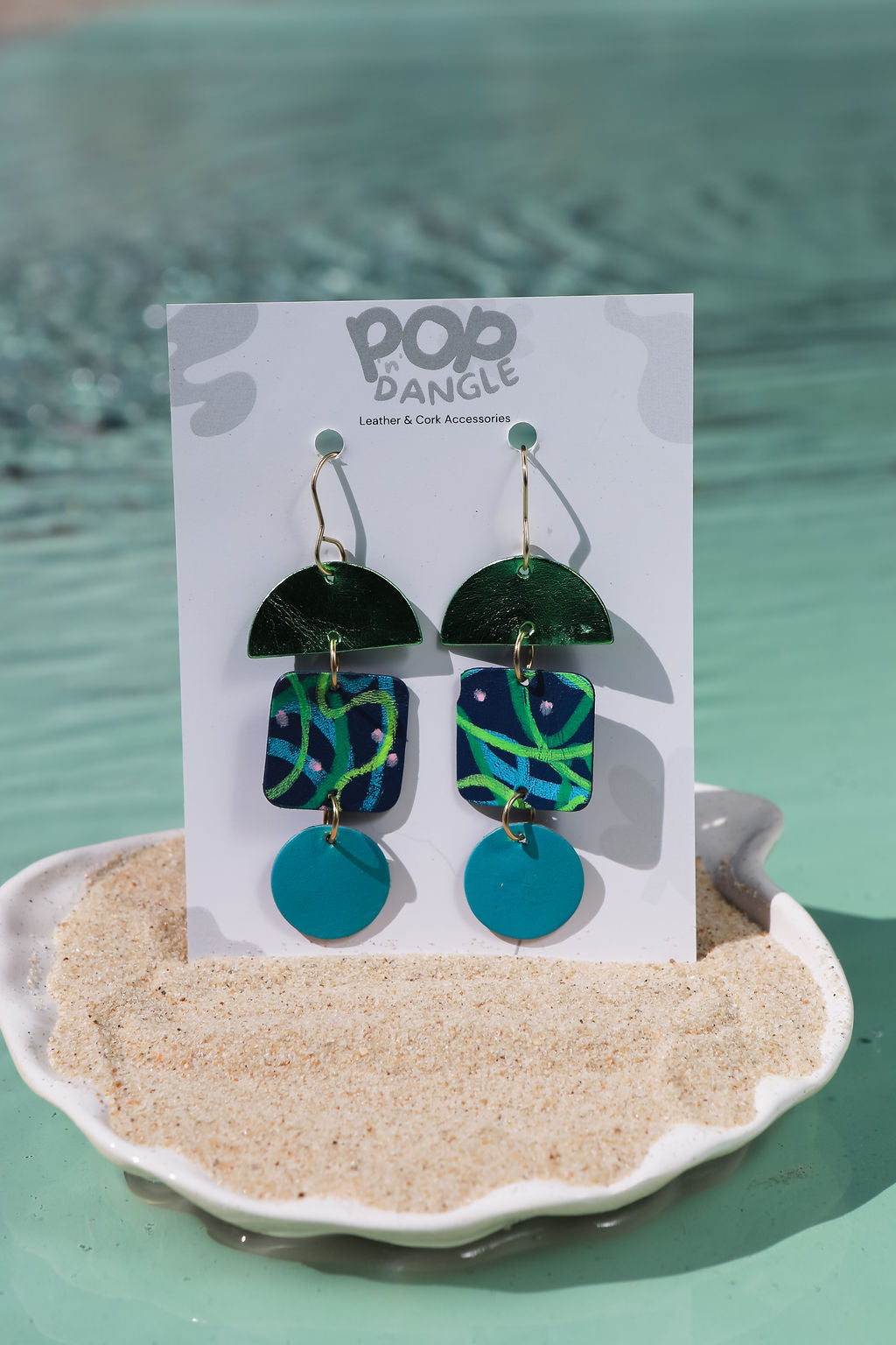 Green Trinity Art Drops Leather Earrings 