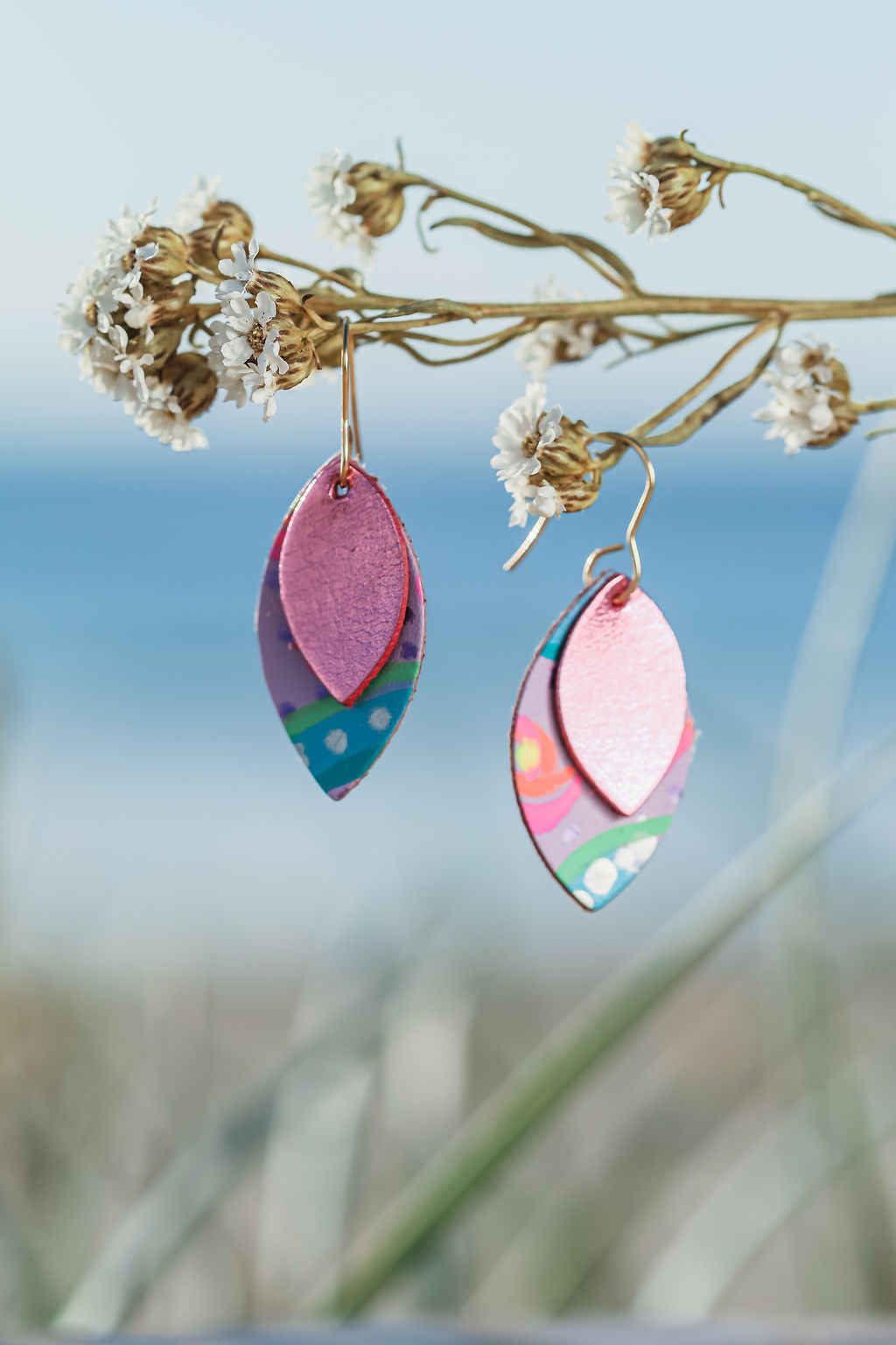 Handpainted Pink Metallic Kangaroo Leather earrings 