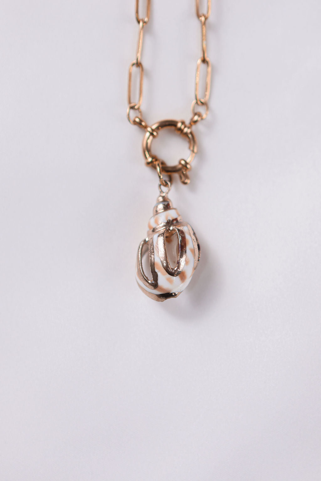 Necklace with a shell pendant on a light gray background