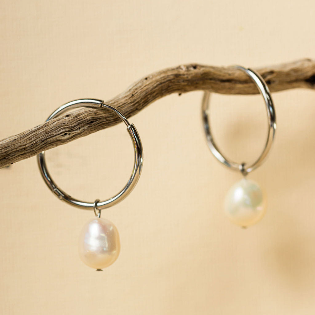 Silver Pearl Hoops