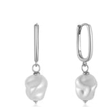 Pair of silver earrings with pearls on a white background, featuring a 925 sterling silver stamp.