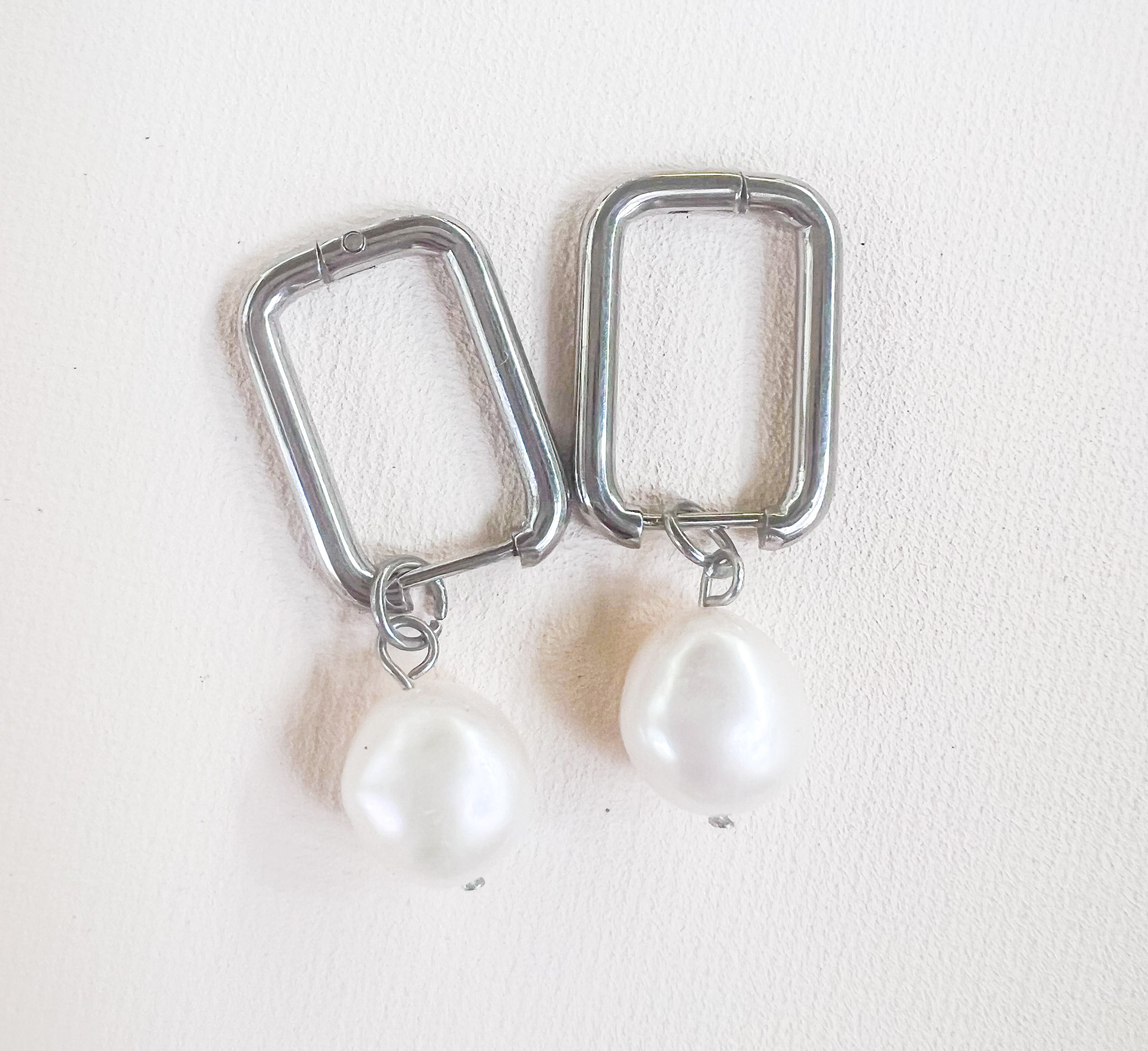 Silver Pearl Hoops