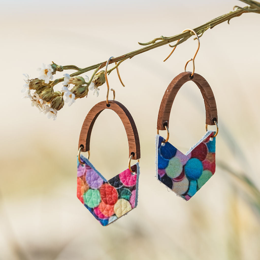 Colourful V Shape Timber Arch Drop Earrings