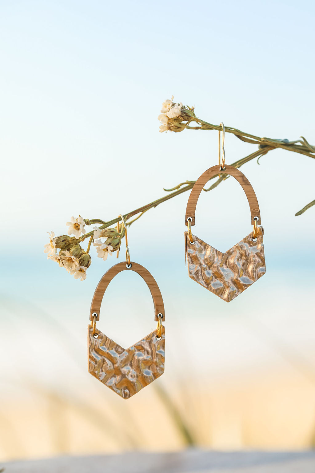 Hammered Gold  V Shape Timber Arch Drop  Earrings
