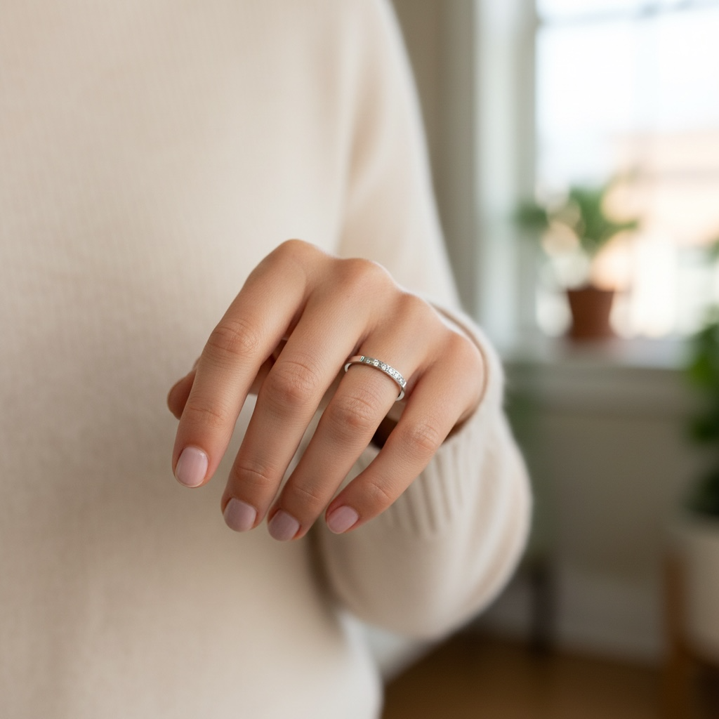 Close-up of a hand wearing a ring with a blurred indoor background