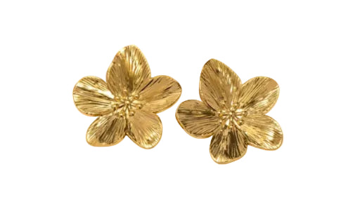 Pair of gold flower-shaped earrings on a white background