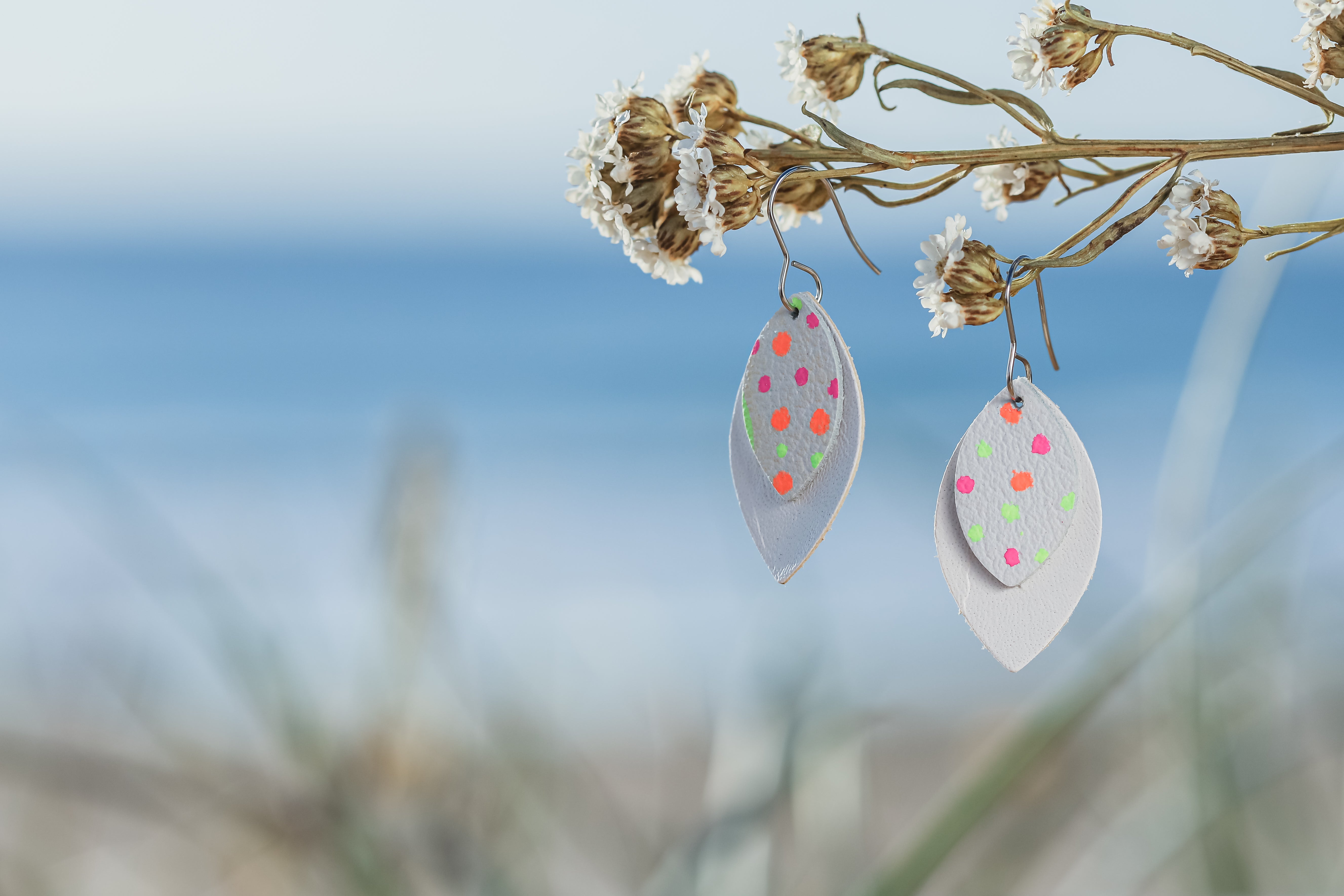 Handpainted White kangaroo leather earrings 