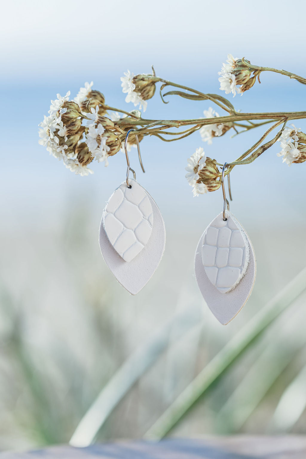 White Sweet Drop Duo Leather Earrings 