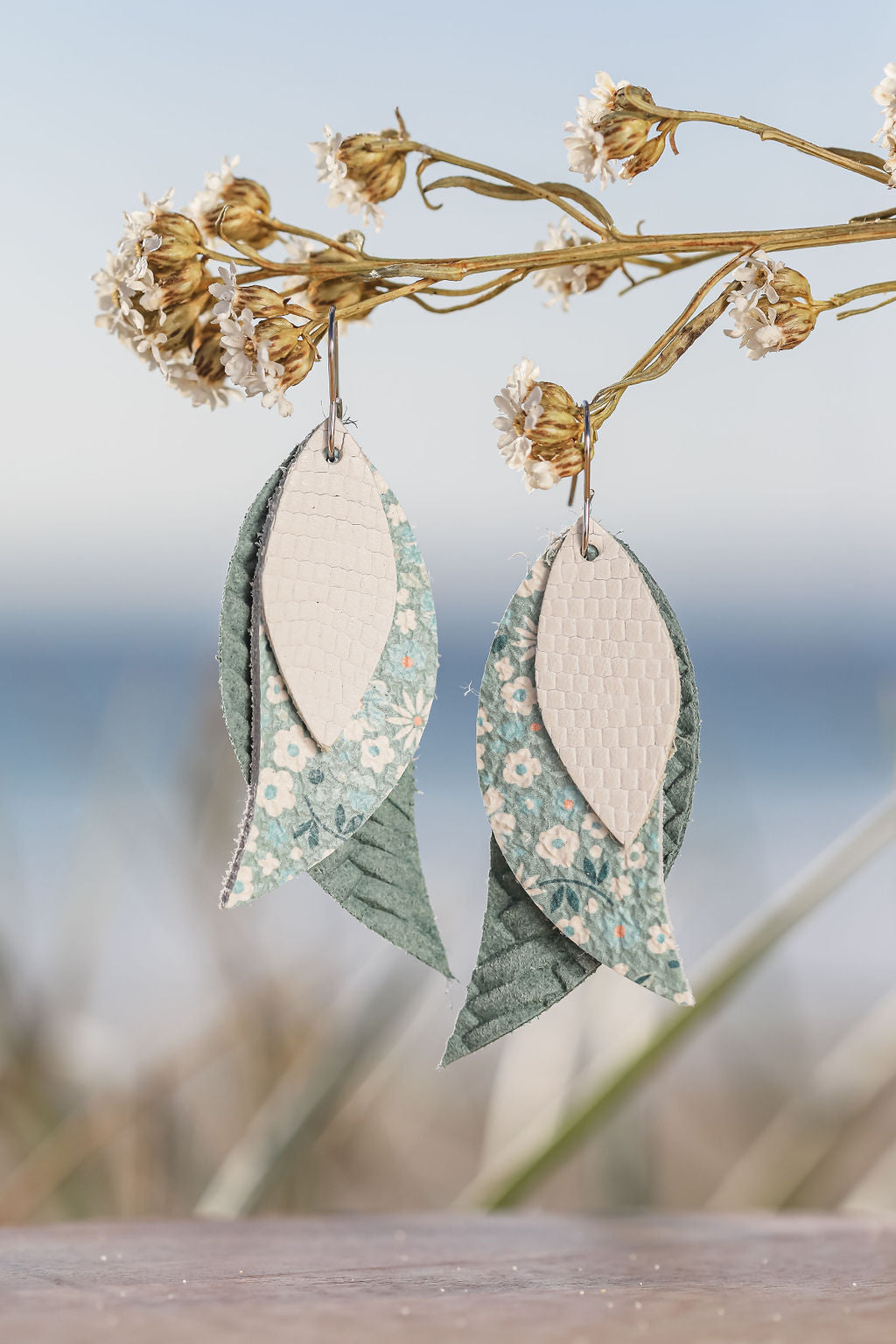 green floral triple leaf drop earrings 
