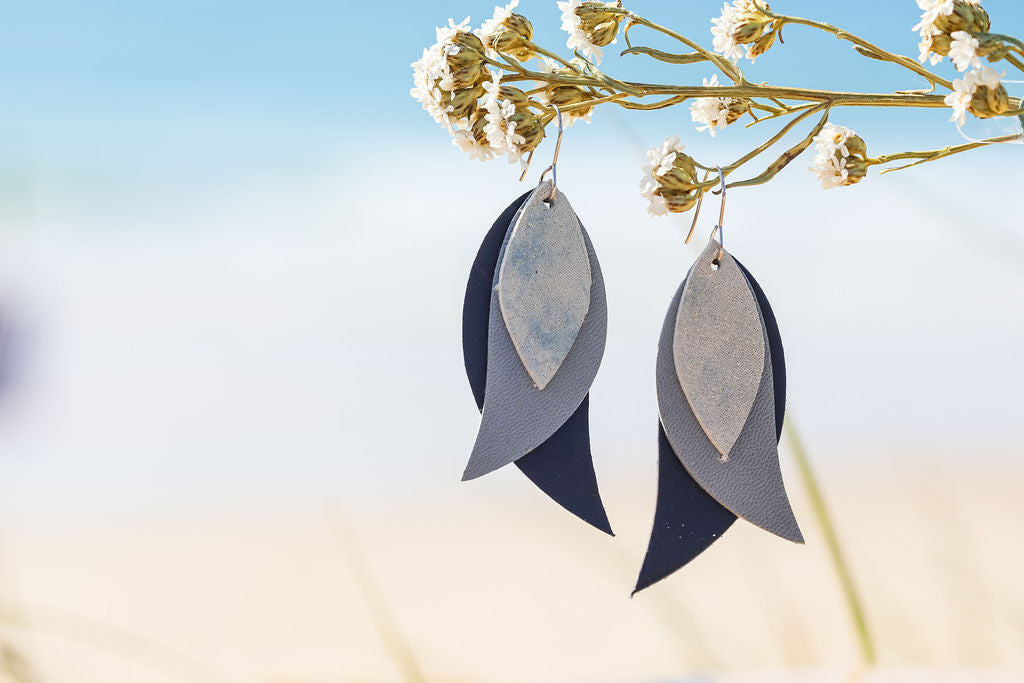 Light Blue Triple Leaf Leather Earrings 