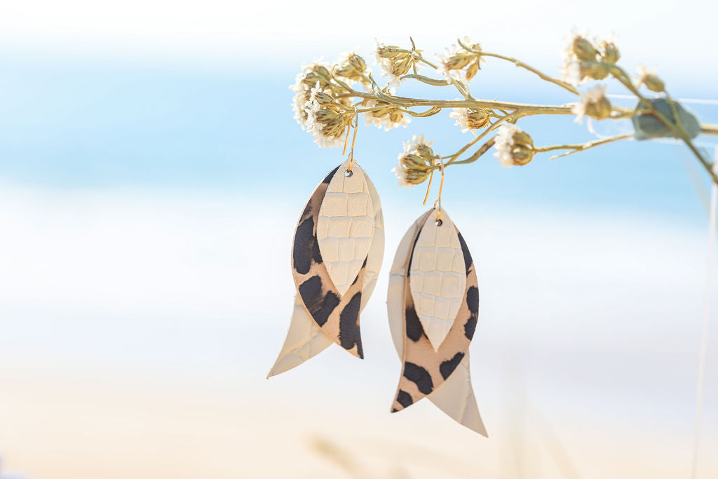 Mini Light Leopard Triple Leaf Drop Earrings 