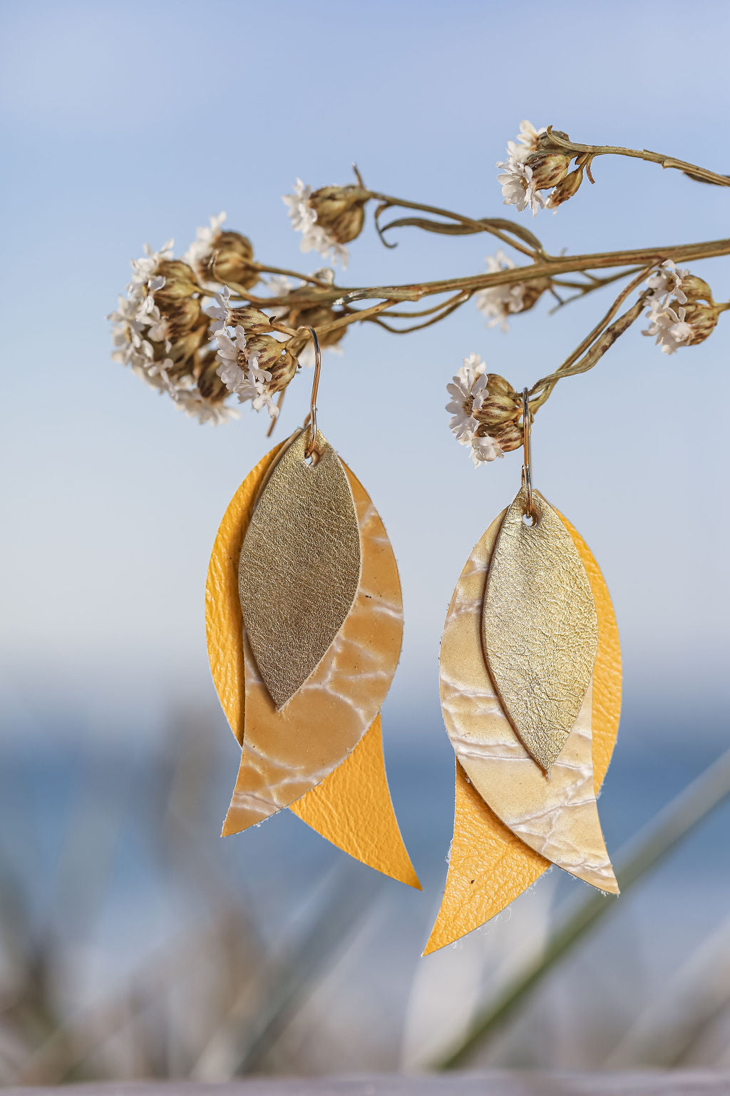 yellow triple leaf drop earrings 